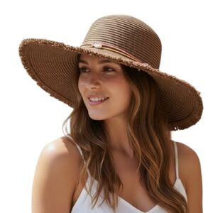 Jessica Simpson Brown Wide Brim Floppy Hat OS Boho Tassel Tie Sun Hat